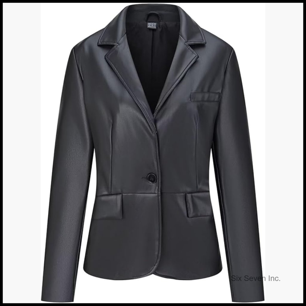 Faux Leather Blazer Jacket With Pockets And Button Closure